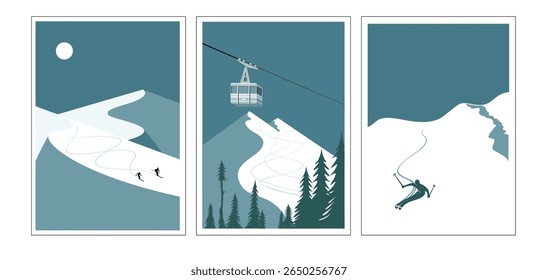 Modern retro ski posters, snowboard art prints