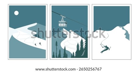 Modern retro ski posters, snowboard art prints