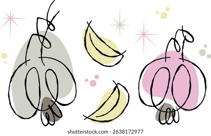 Modern retro style abstract drawing of garlic and clove of garlic on transparent background. Playful line art vegetable  doodled design element for cooking  theme designs.