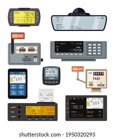 Modern and retro taximeters set. Accurate navigation and payment counters with yellow screen number of kilometers and comfortable trips and convenient credit cash payment. Taxi vector.