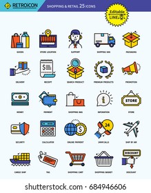 Modern retro thin line icons set of shopping & retail. Premium quality outline symbol set. Simple linear pictogram pack. Editable line series