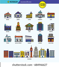 Modern retro thin line icons set of buildings. Premium quality outline symbol set. Simple linear pictogram pack. Editable line series