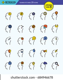 Modern retro thin line icons set of human features. Premium quality outline symbol set. Simple linear pictogram pack. Editable line series