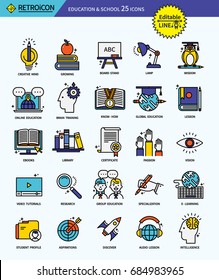 Modern retro thin line icons set of education & school 2. Premium quality outline symbol set. Simple linear pictogram pack. Editable line series