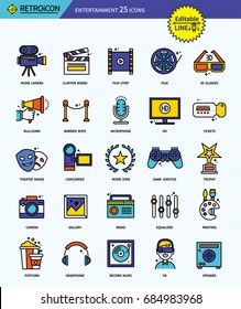Modern retro thin line icons set of entertainment. Premium quality outline symbol set. Simple linear pictogram pack. Editable line series