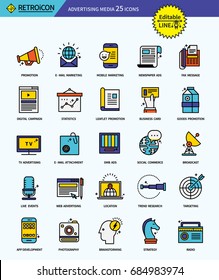 Modern retro thin line icons set of advertising media. Premium quality outline symbol set. Simple linear pictogram pack. Editable line series