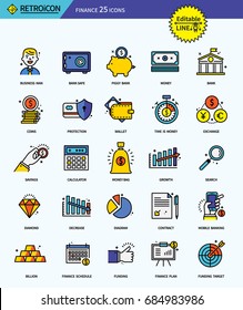 Modern retro thin line icons set of business finance. Premium quality outline symbol set. Simple linear pictogram pack. Editable line series
