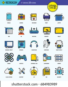 Modern retro thin line icons set of IT device. Premium quality outline symbol set. Simple linear pictogram pack. Editable line series