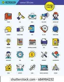 Modern retro thin line icons set of business contact. Premium quality outline symbol set. Simple linear pictogram pack. Editable line series