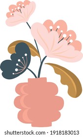 modern retro vase with flowers and blossom in hygge style, vector