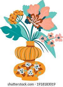 modern retro vase with flowers and blossom in hygge style, vector