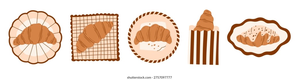 Modern retro vector set of french croissants on decorative plates, checkered napkin, in craft paper bags. Hand drawn illustration, textured flat style for bakery menu, cafe branding, takeaway decor.