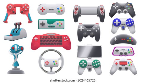Modern and retro video game consoles, gamepads and joysticks. Wireless gaming control gadgets and steering wheel. Gamer devices vector set. Illustration of play game console collection