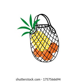 Modern reusable mesh eco shopping basket. Fresh fruits, pure organic products from the local market. Vector illustration in a flat cartoon style. Zero waste