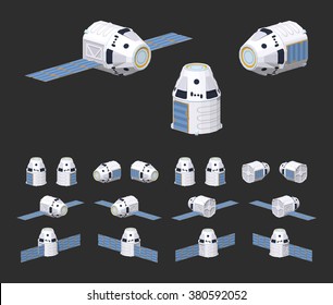 Modern reusable spaceship. 3D lowpoly isometric vector illustration. The set of objects isolated against the black background and shown from different sides