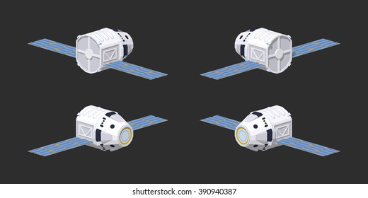 Modern reusable spaceship. 3D lowpoly isometric vector illustration. The set of objects isolated against the black background and shown from different sides