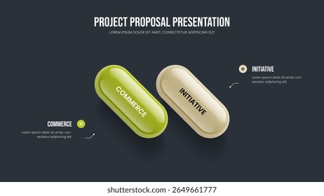 Modern Review 2 Element Diagram Slideshow Layout. Marketing Development Two Step Infographic Slide Template. Company Briefing Frame Design Vector Illustration.