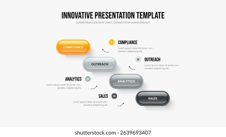 Modern Review Slideshow Layout Vector Illustration. Enterprise Introduction 4 Option Diagram Frame Design. Marketing Briefing Four Step Infographic Presentation Template.