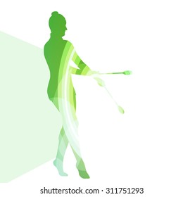 Modern rhythmic gymnastics young woman with clubs in acrobatics silhouette illustration vector background colorful concept made of transparent curved shapes