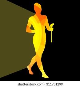 Modern rhythmic gymnastics young woman with clubs in acrobatics silhouette illustration vector background colorful concept made of transparent curved shapes