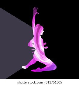 Modern rhythmic gymnastics young woman with clubs in acrobatics silhouette illustration vector background colorful concept made of transparent curved shapes