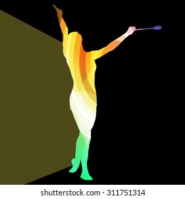 Modern rhythmic gymnastics young woman with clubs in acrobatics silhouette illustration vector background colorful concept made of transparent curved shapes