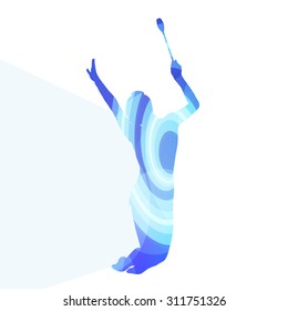 Modern rhythmic gymnastics young woman with clubs in acrobatics silhouette illustration vector background colorful concept made of transparent curved shapes
