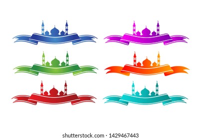 Modern ribbon with mosque vector illustration. Ramadan sale sign