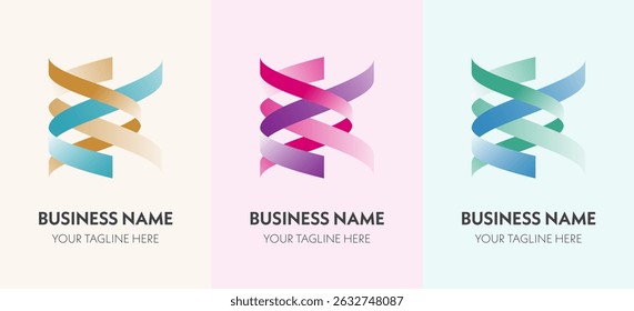 Modern ribbon style logo set in gradient gold, pink, and teal. Great for branding, identity, or startups