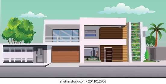 Modern Rich House Real Estate In Flat Style Vector Cartoon Background Illustration.