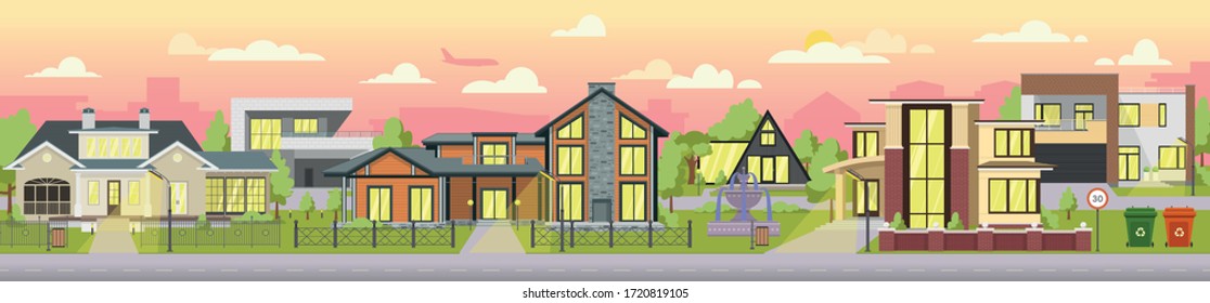 Modern rich urban houses on a sunset background, horizontal view. Vector illustration.