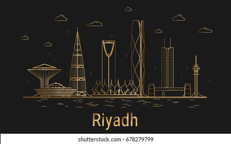 Modern Riyadh city line art, golden architecture vector illustration, skyline city, all famous buildings.