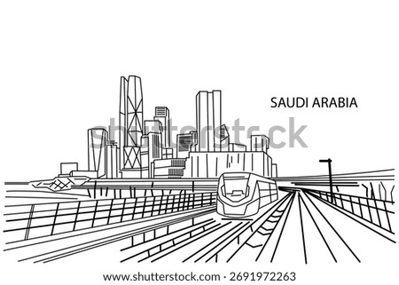 Modern Riyadh Skyline Line Art with Metro Train Illustration Representing Saudi Arabia Urban Architecture and City Transportation