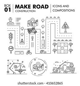 Modern road building and bridge construction thin line block flat icons and concept development strategy and idea concept architecture
