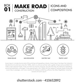 Modern road building and bridge construction thin line block flat icons and concept development strategy and idea concept architecture