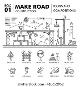 Modern road building and bridge construction thin line block flat icons and concept development strategy and idea concept architecture