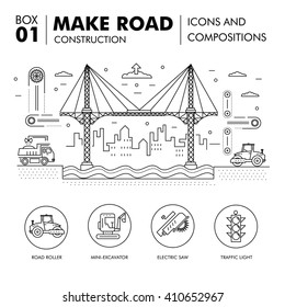 Modern Road Building And Bridge Construction Thin Line Block Flat Icons And Concept Development Strategy And Idea Concept Architecture