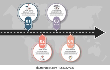 Modern road infographic template with circles. Business concept with 4 options and arrows. Four steps for brochure, diagram, timeline, levels, marketing, workflow