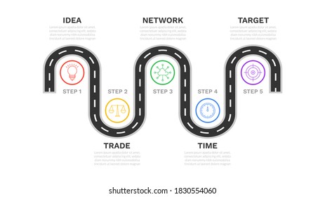 Diseño moderno de infografía de hoja de ruta con 5 opciones de destino. Plantilla de proceso de gráfico. Vector moderno para proyectos y presentaciones de empresas o empresas. 