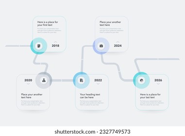 Moderna una plantilla infográfica de la línea de tiempo de la hoja de ruta con cinco pasos. Gráfica de presentación plana con líneas delgadas, iconos y lugares para el contenido.