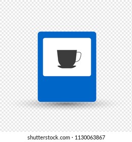 Modern road sign, designation, restaurant for people on motor vehicles, zone for long stop, outdoor parking spaces for cars. Traffic sign on a transparent background. Vector illustration isolated.
