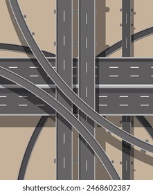 Modern roads and transport. Top view. Road and highway junction. Intersections and overpasses. Above view. Vector illustration in flat style