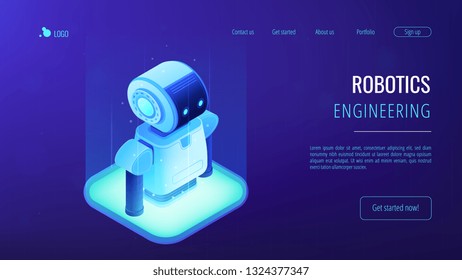 Modern robot appears. Robotics engineering and programming, robotics company and technology, robotics technology and artificial intelligence concept. Isometric 3D website app landing web page template