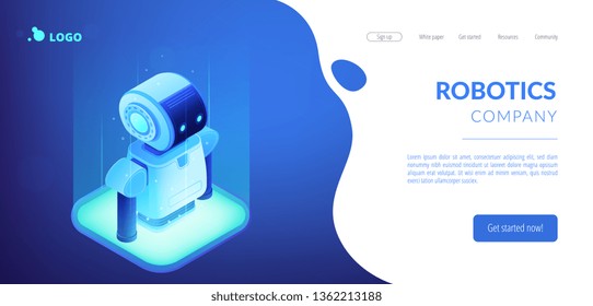 Modern robot appears. Robotics engineering and programming, robotics company and technology, robotics technology and artificial intelligence concept. Isometric 3D website app landing web page template