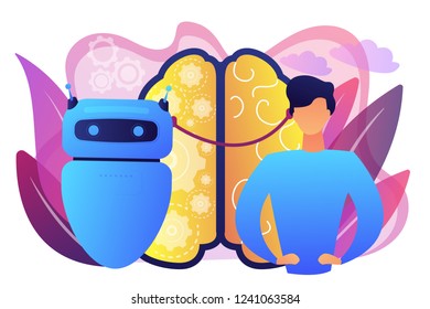 Modern robot artificial intelligence connected to human brain. Augmented intelligence, human intelligence enhance, AI human support concept. Bright vibrant violet vector isolated illustration