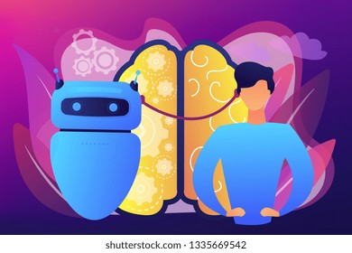 Moderno robô com inteligência artificial conectada ao cérebro humano. Inteligência aumentada, inteligência humana aprimorada, conceito de suporte humano de IA. Ilustração isolada de vetor violeta vibrante brilhante
