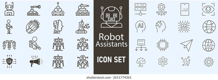 Modern Robot Assistant Icon Set – Futuristic AI Helper Symbols, Smart Robotics Technology Icons Collection for Automation, Machine Learning, Chatbot, and Virtual Support Design

