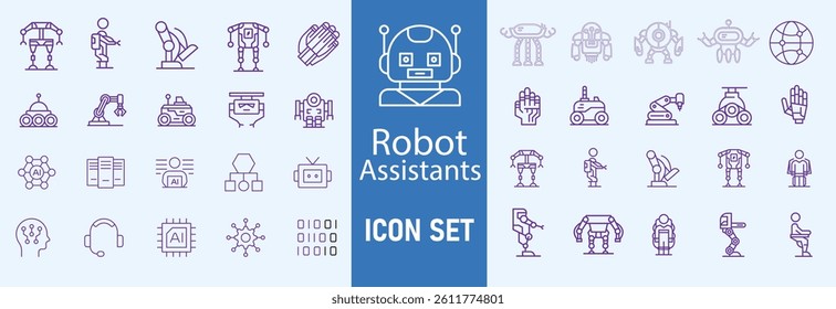 Modern Robot Assistant Icon Set – Futuristic AI Helper Symbols, Smart Robotics Technology Icons Collection for Automation, Machine Learning, Chatbot, and Virtual Support Design

