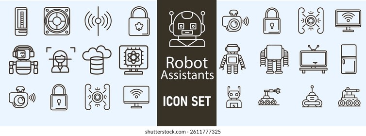 Modern Robot Assistant Icon Set – Futuristic AI Helper Symbols, Smart Robotics Technology Icons Collection for Automation, Machine Learning, Chatbot, and Virtual Support Design