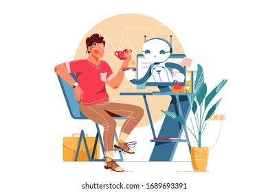 Modern robot assistant vector illustration. Man sitting at workplace and drinking tea. Bot helping guy and holding saucer flat style design. Newest robotic technology concept